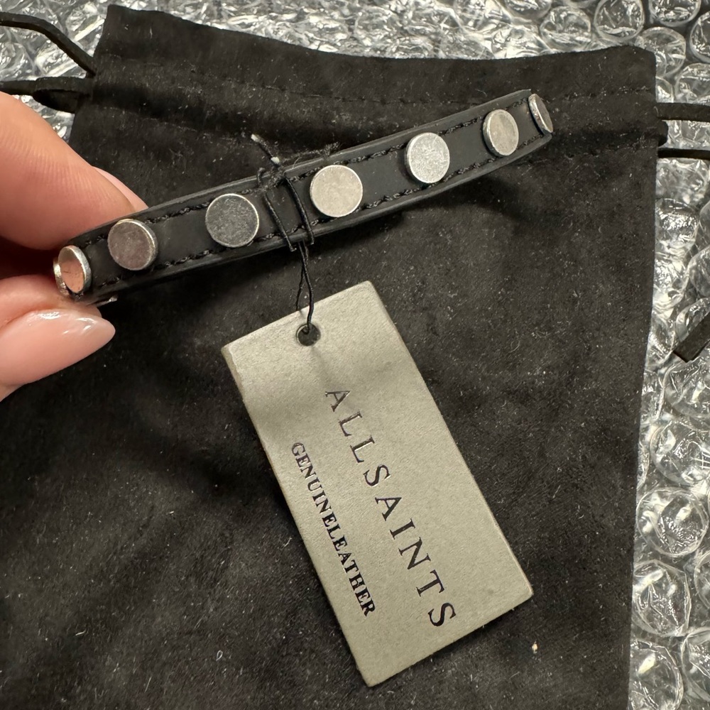 AllSaints Black Leather Stud Bracelet NWT Silver Hardware Retail $155